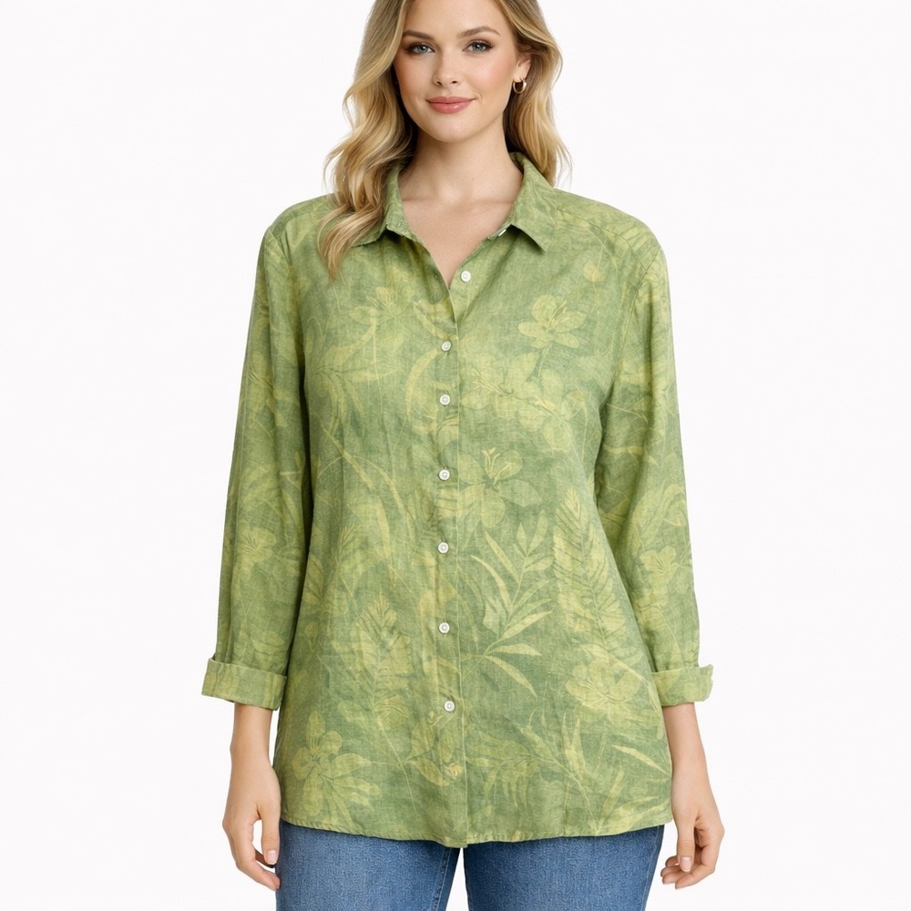 August Max Womans 100% Linen Floral Long Sleeve Button Up Top‎ Size 1X Tropical